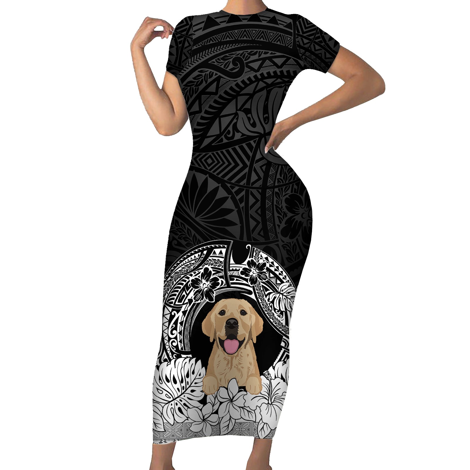 Personalised Dog Short Sleeve Bodycon Dress Golden Retriever With Polynesian Tapa Arch - Wonder Print Shop