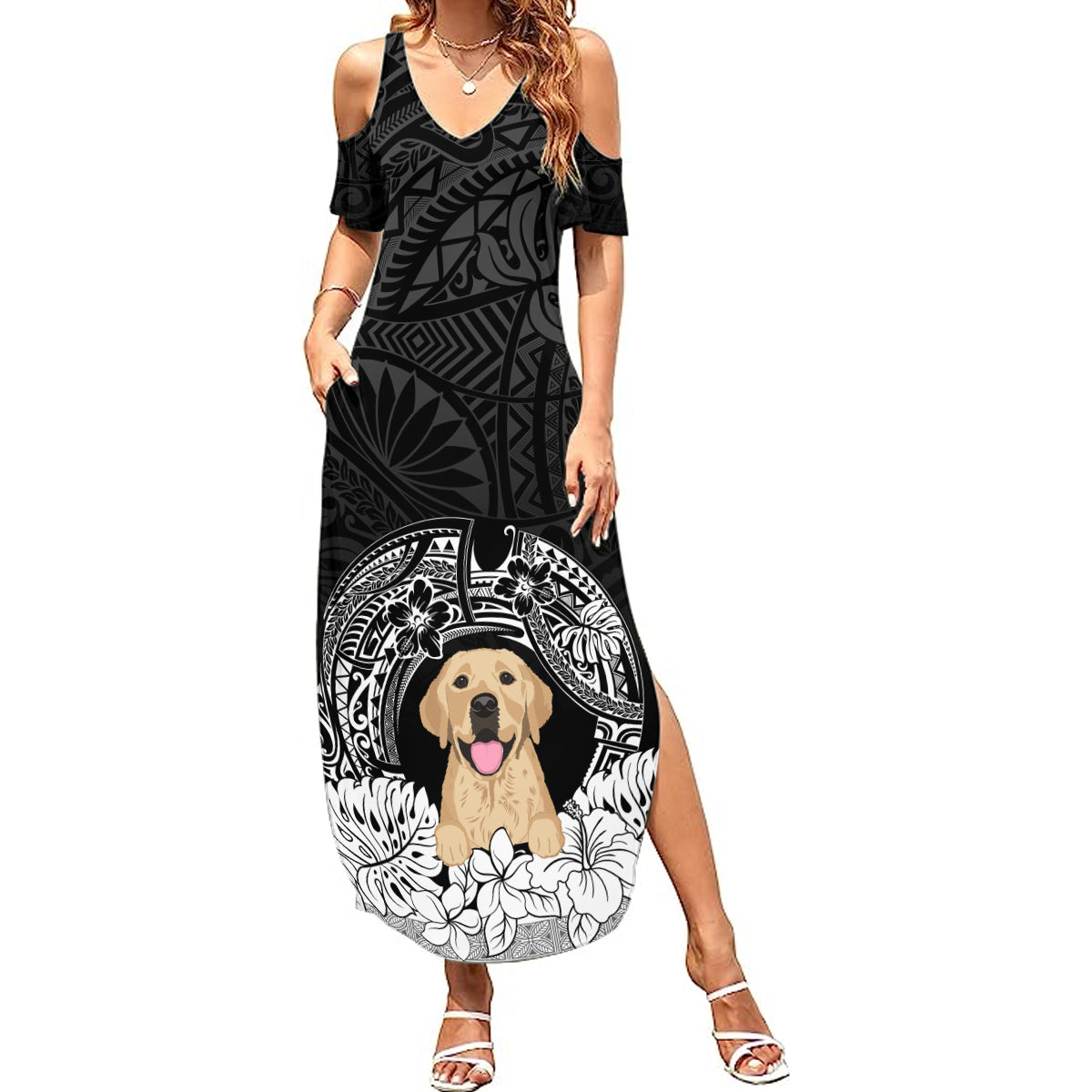 Personalised Dog Summer Maxi Dress Golden Retriever With Polynesian Tapa Arch - Wonder Print Shop