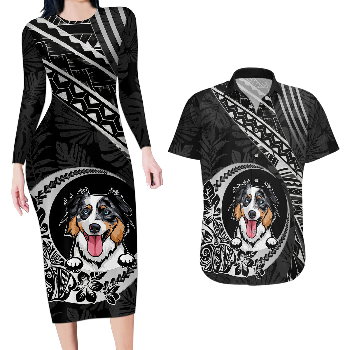 Personalised Polynesian Dog Couples Matching Long Sleeve Bodycon Dress and Hawaiian Shirt With Australian Shepherd - Crescent Style LT7 - Wonder Print Shop