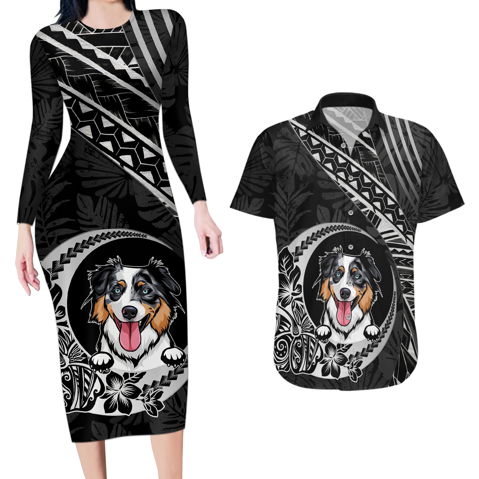 Personalised Polynesian Dog Couples Matching Long Sleeve Bodycon Dress and Hawaiian Shirt With Australian Shepherd - Crescent Style LT7 - Wonder Print Shop