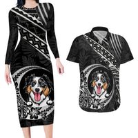 Personalised Polynesian Dog Couples Matching Long Sleeve Bodycon Dress and Hawaiian Shirt With Australian Shepherd - Crescent Style LT7 - Wonder Print Shop