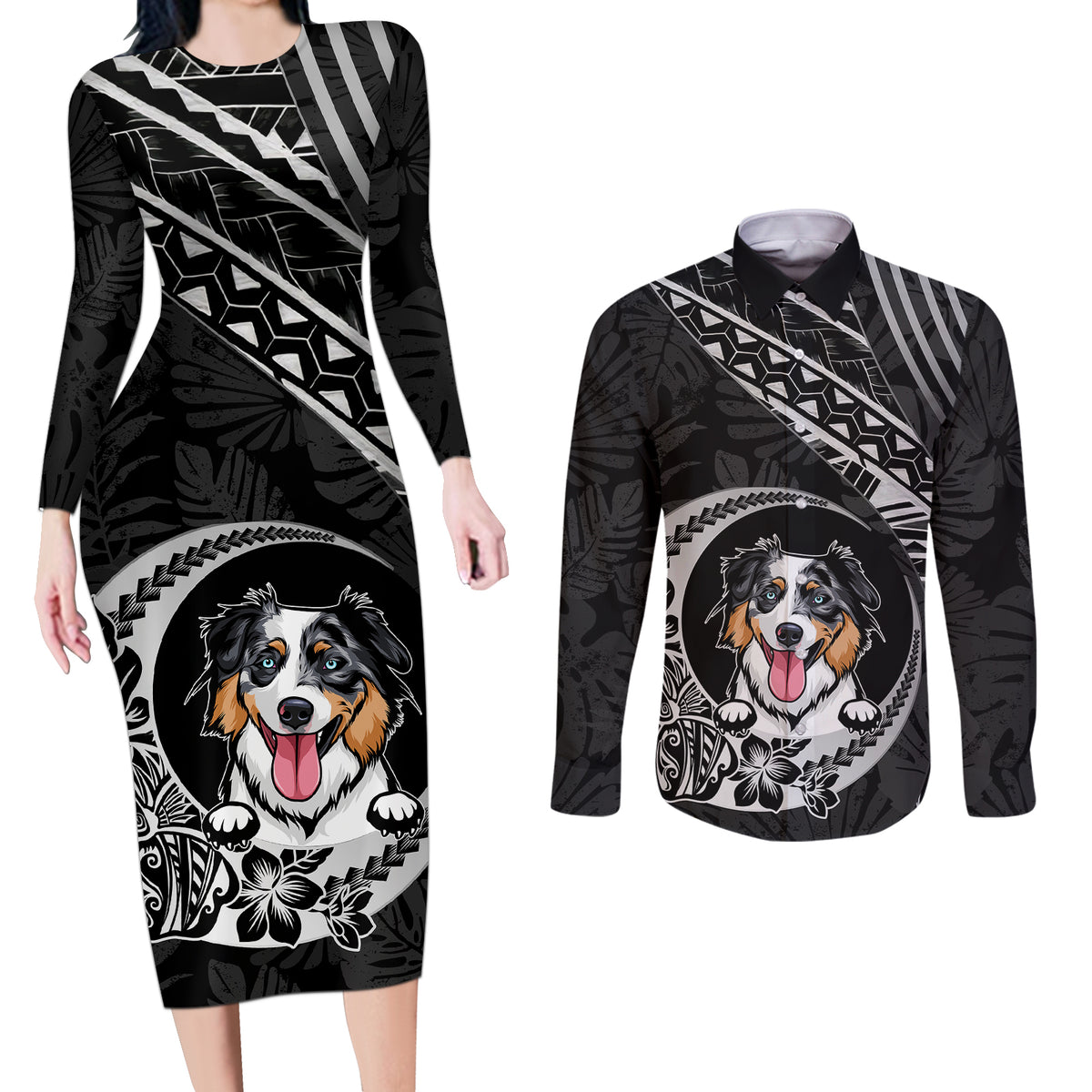 Personalised Polynesian Dog Couples Matching Long Sleeve Bodycon Dress and Long Sleeve Button Shirts With Australian Shepherd - Crescent Style LT7 - Wonder Print Shop