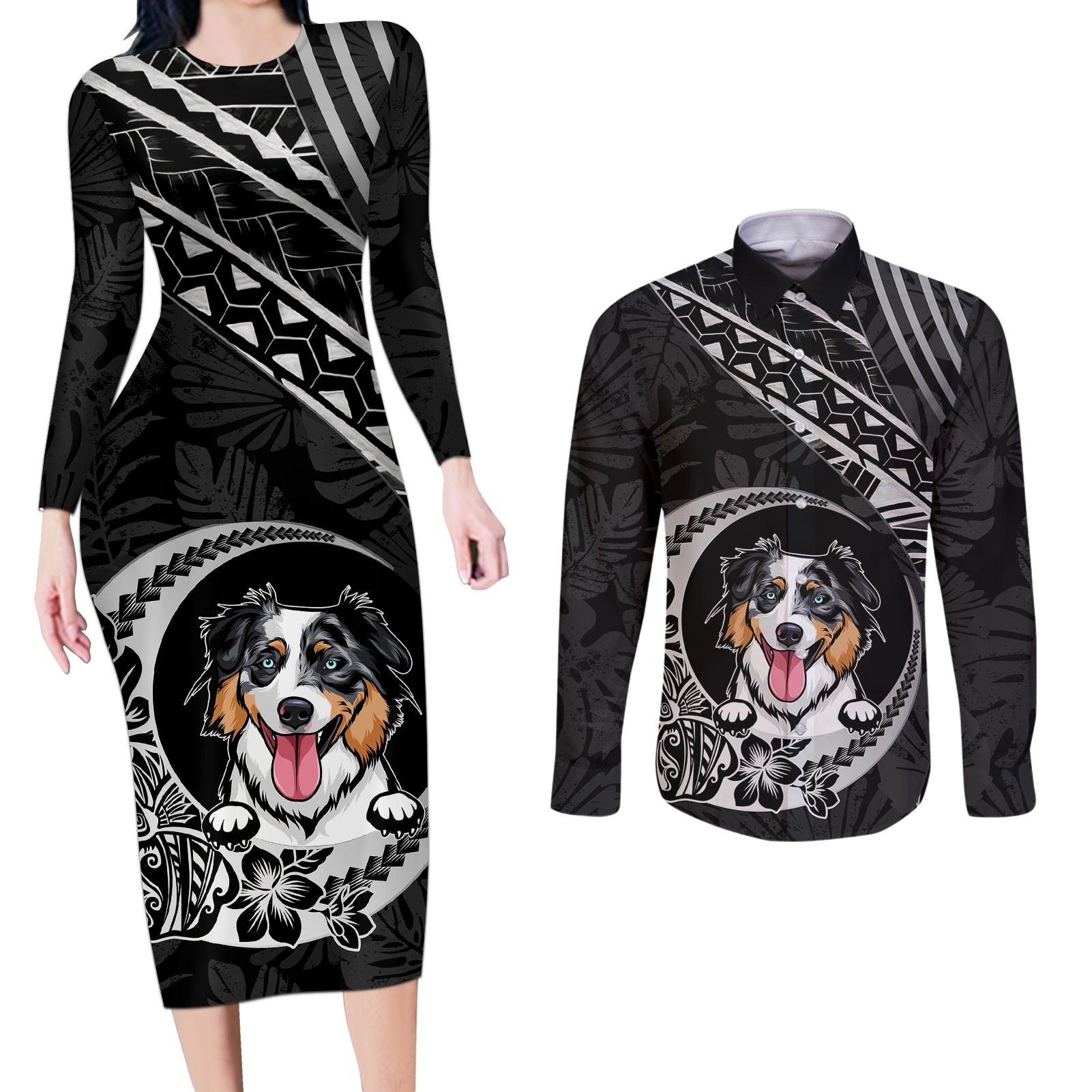 Personalised Polynesian Dog Couples Matching Long Sleeve Bodycon Dress and Long Sleeve Button Shirts With Australian Shepherd - Crescent Style LT7 - Wonder Print Shop