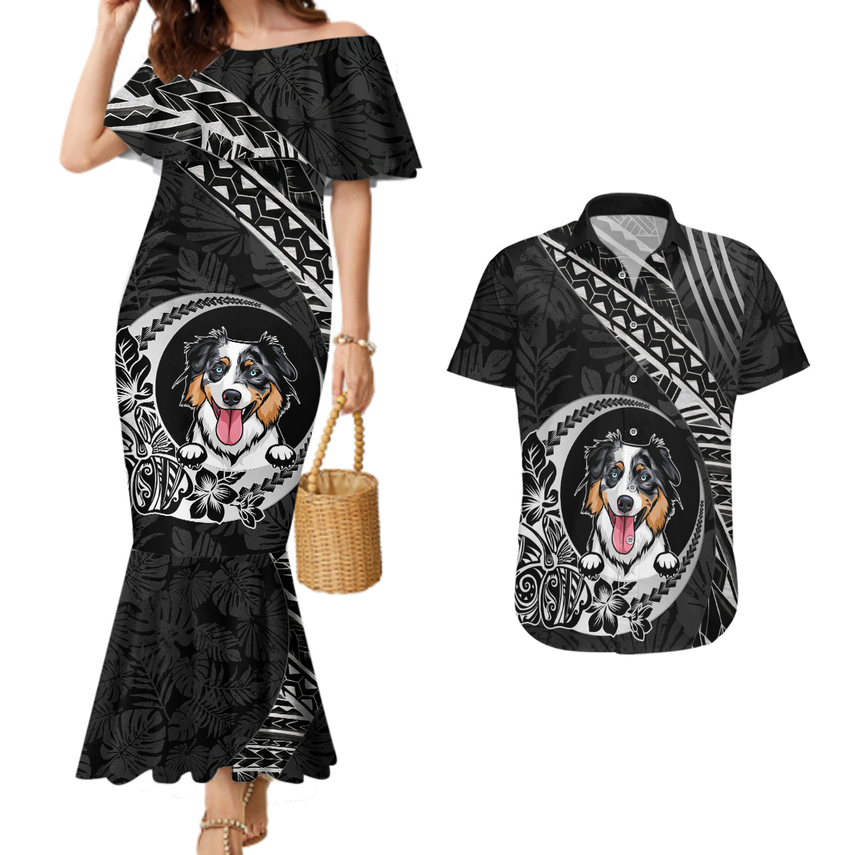 Personalised Polynesian Dog Couples Matching Mermaid Dress And Hawaiian Shirt With Australian Shepherd - Crescent Style LT7 - Wonder Print Shop