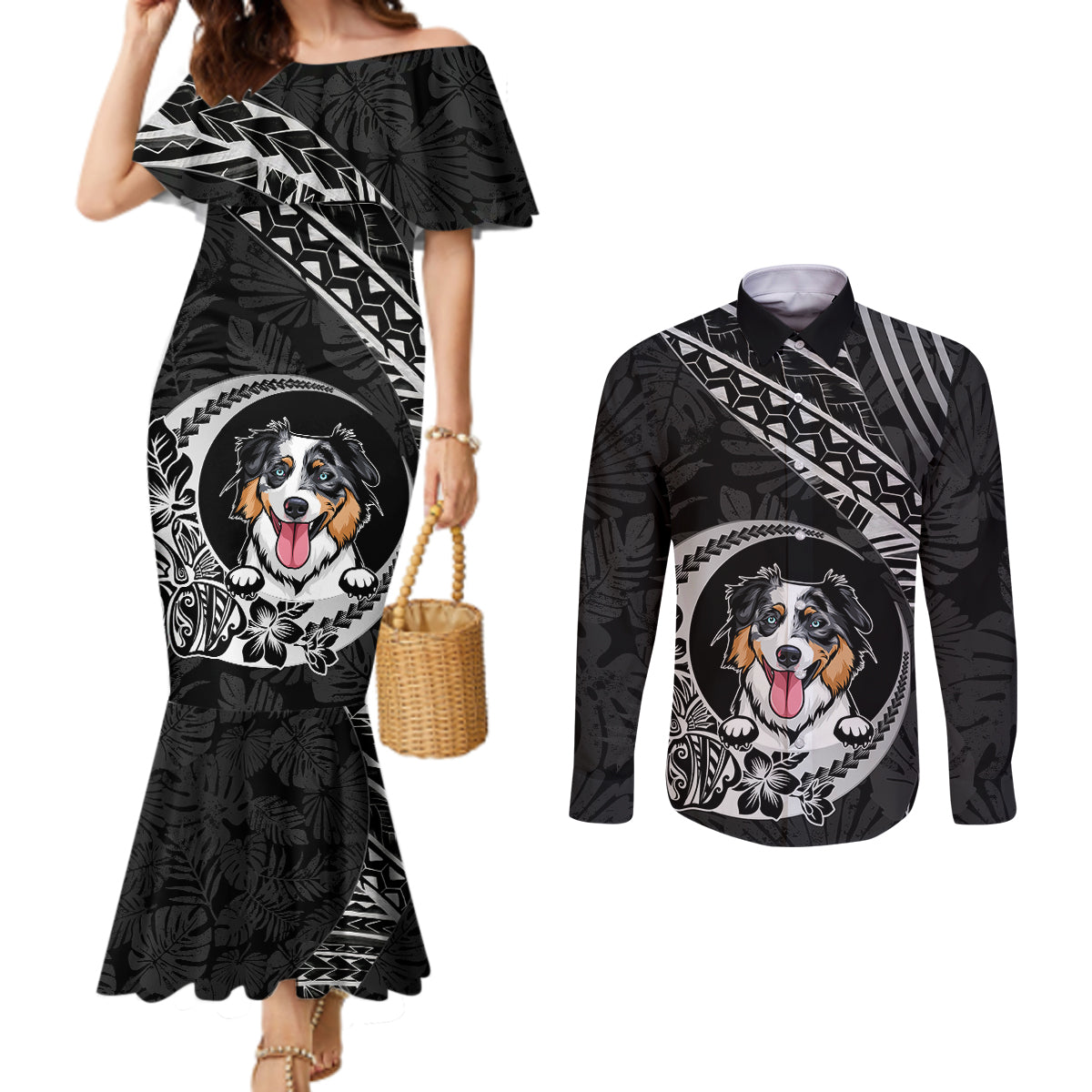 personalised-polynesian-dog-couples-matching-mermaid-dress-and-long-sleeve-button-shirts-with-australian-shepherd-crescent-style