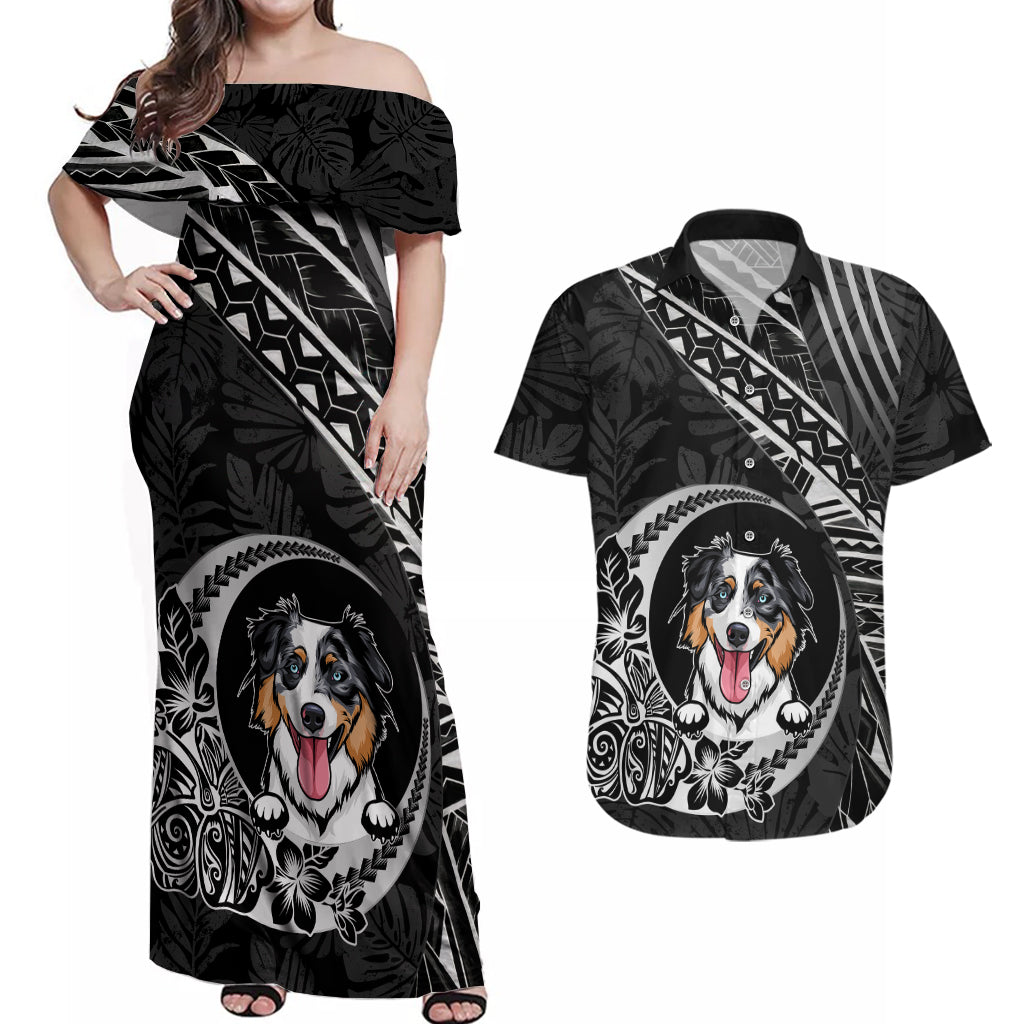 Personalised Polynesian Dog Couples Matching Off Shoulder Maxi Dress and Hawaiian Shirt With Australian Shepherd - Crescent Style LT7 - Wonder Print Shop