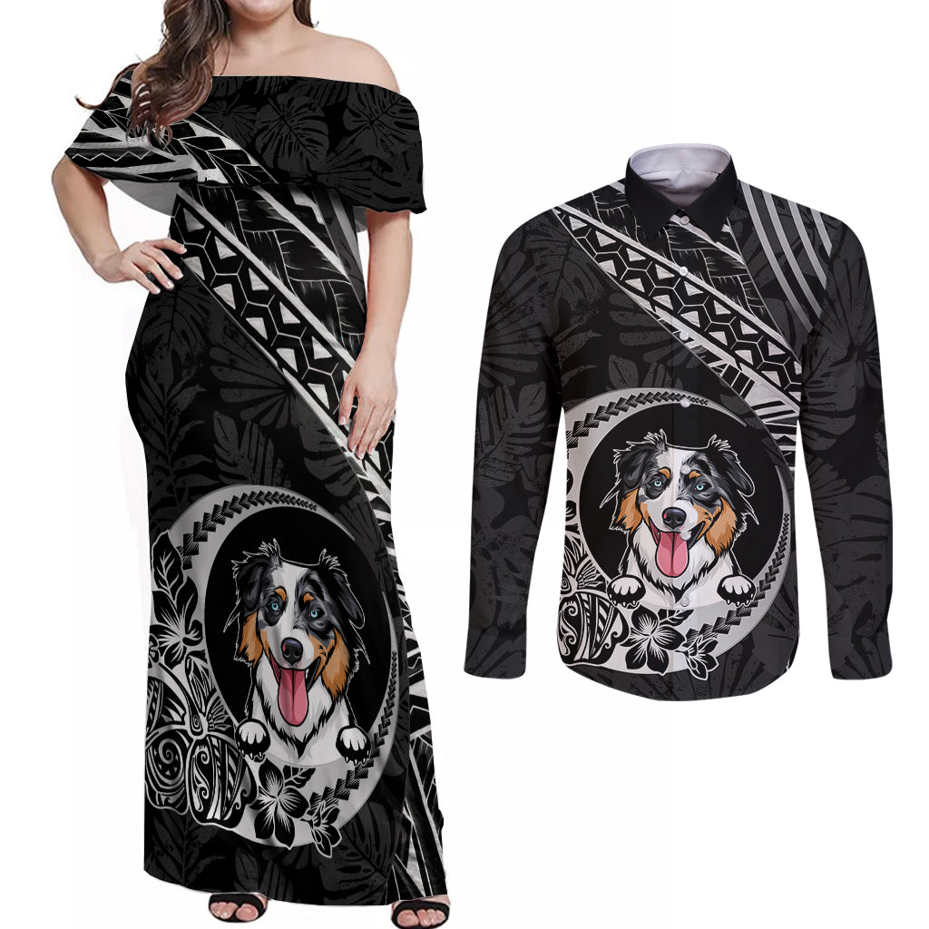 Personalised Polynesian Dog Couples Matching Off Shoulder Maxi Dress and Long Sleeve Button Shirts With Australian Shepherd - Crescent Style LT7 - Wonder Print Shop