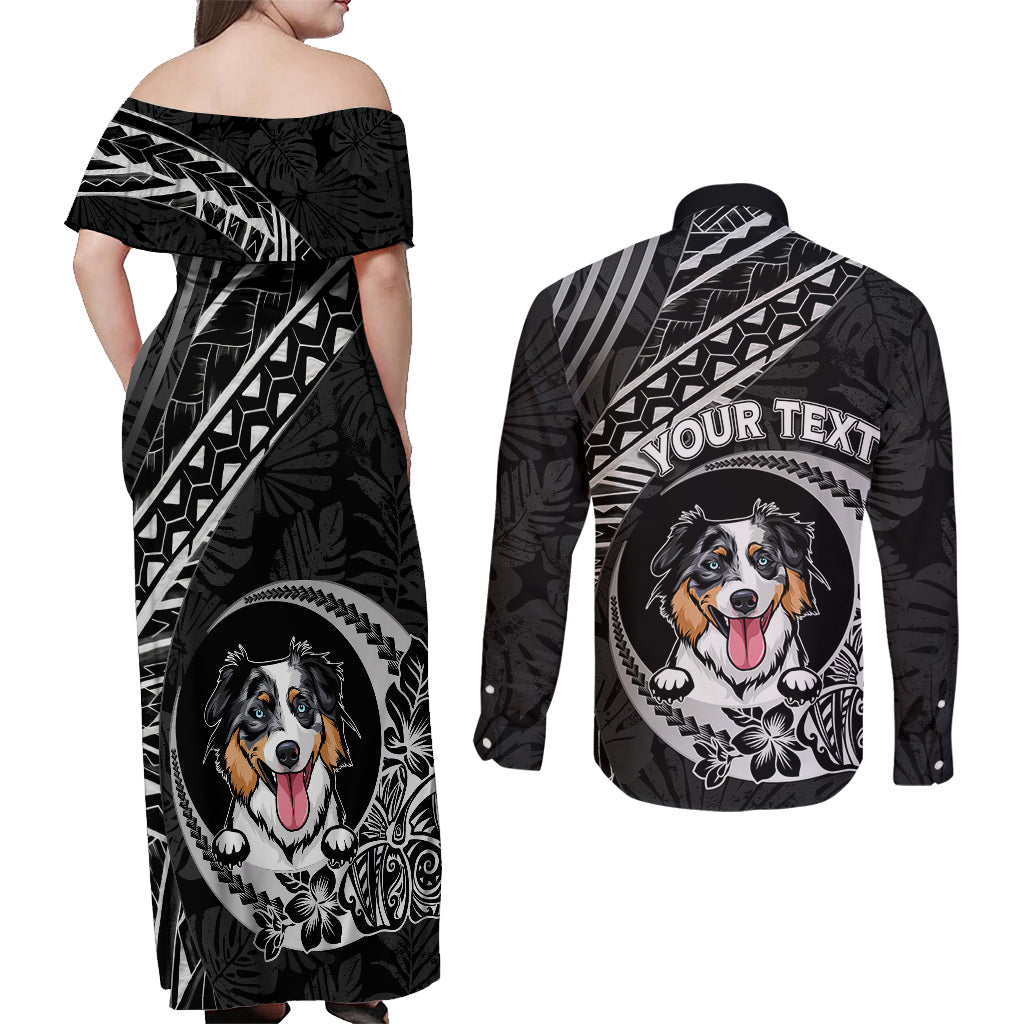 Personalised Polynesian Dog Couples Matching Off Shoulder Maxi Dress and Long Sleeve Button Shirts With Australian Shepherd - Crescent Style LT7 - Wonder Print Shop