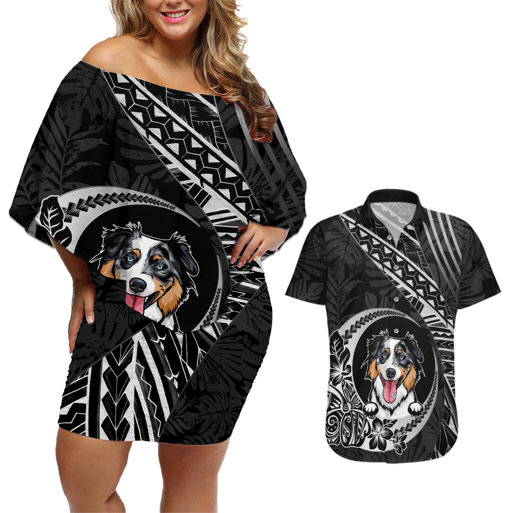 Personalised Polynesian Dog Couples Matching Off Shoulder Short Dress and Hawaiian Shirt With Australian Shepherd - Crescent Style LT7 - Wonder Print Shop