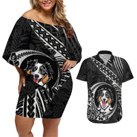 Personalised Polynesian Dog Couples Matching Off Shoulder Short Dress and Hawaiian Shirt With Australian Shepherd - Crescent Style LT7 - Wonder Print Shop