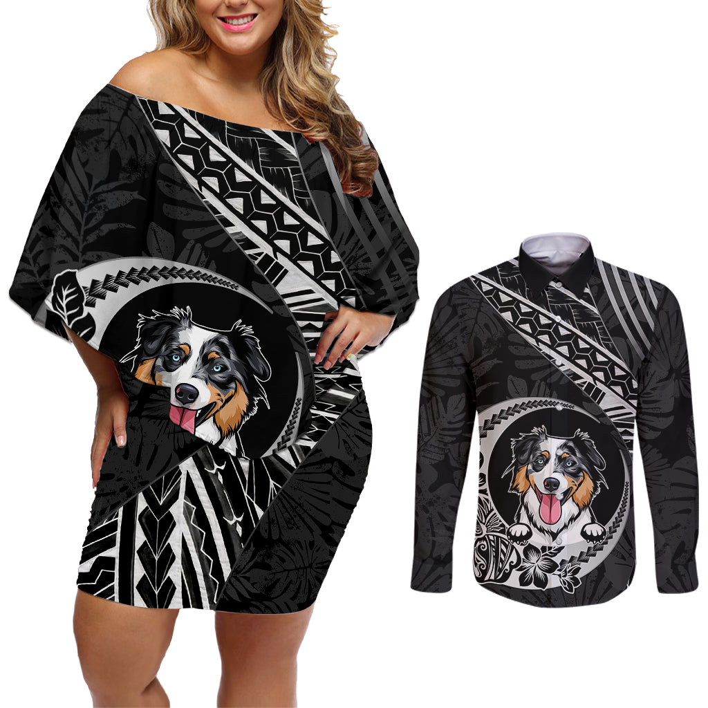 Personalised Polynesian Dog Couples Matching Off Shoulder Short Dress and Long Sleeve Button Shirts With Australian Shepherd - Crescent Style LT7 - Wonder Print Shop