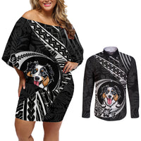 Personalised Polynesian Dog Couples Matching Off Shoulder Short Dress and Long Sleeve Button Shirts With Australian Shepherd - Crescent Style LT7 - Wonder Print Shop