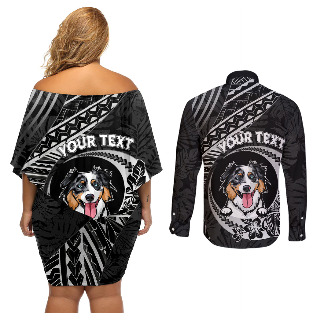 Personalised Polynesian Dog Couples Matching Off Shoulder Short Dress and Long Sleeve Button Shirts With Australian Shepherd - Crescent Style LT7 - Wonder Print Shop
