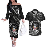 Personalised Polynesian Dog Couples Matching Off The Shoulder Long Sleeve Dress and Hawaiian Shirt With Australian Shepherd - Crescent Style LT7 - Wonder Print Shop