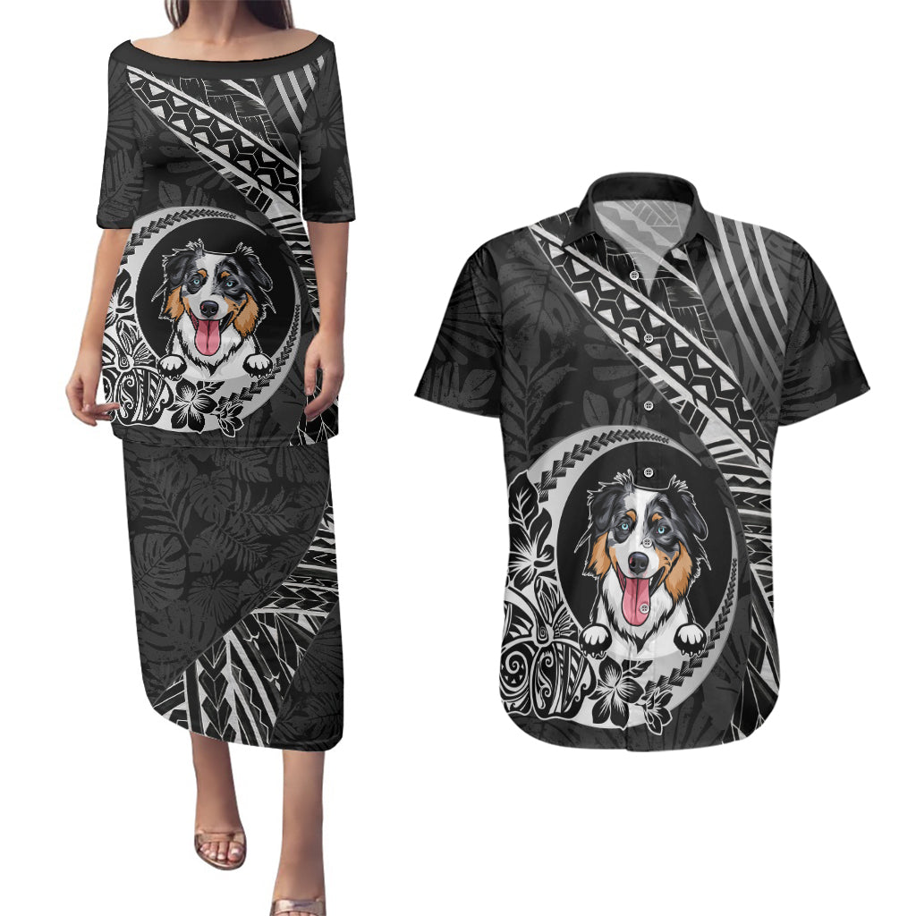 Personalised Polynesian Dog Couples Matching Puletasi Dress and Hawaiian Shirt With Australian Shepherd - Crescent Style LT7 - Wonder Print Shop
