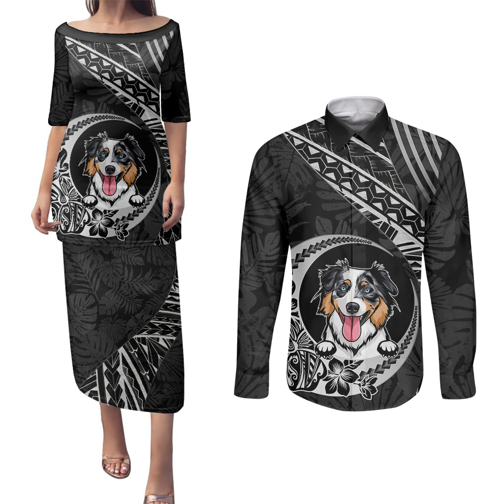 Personalised Polynesian Dog Couples Matching Puletasi Dress and Long Sleeve Button Shirts With Australian Shepherd - Crescent Style LT7 - Wonder Print Shop