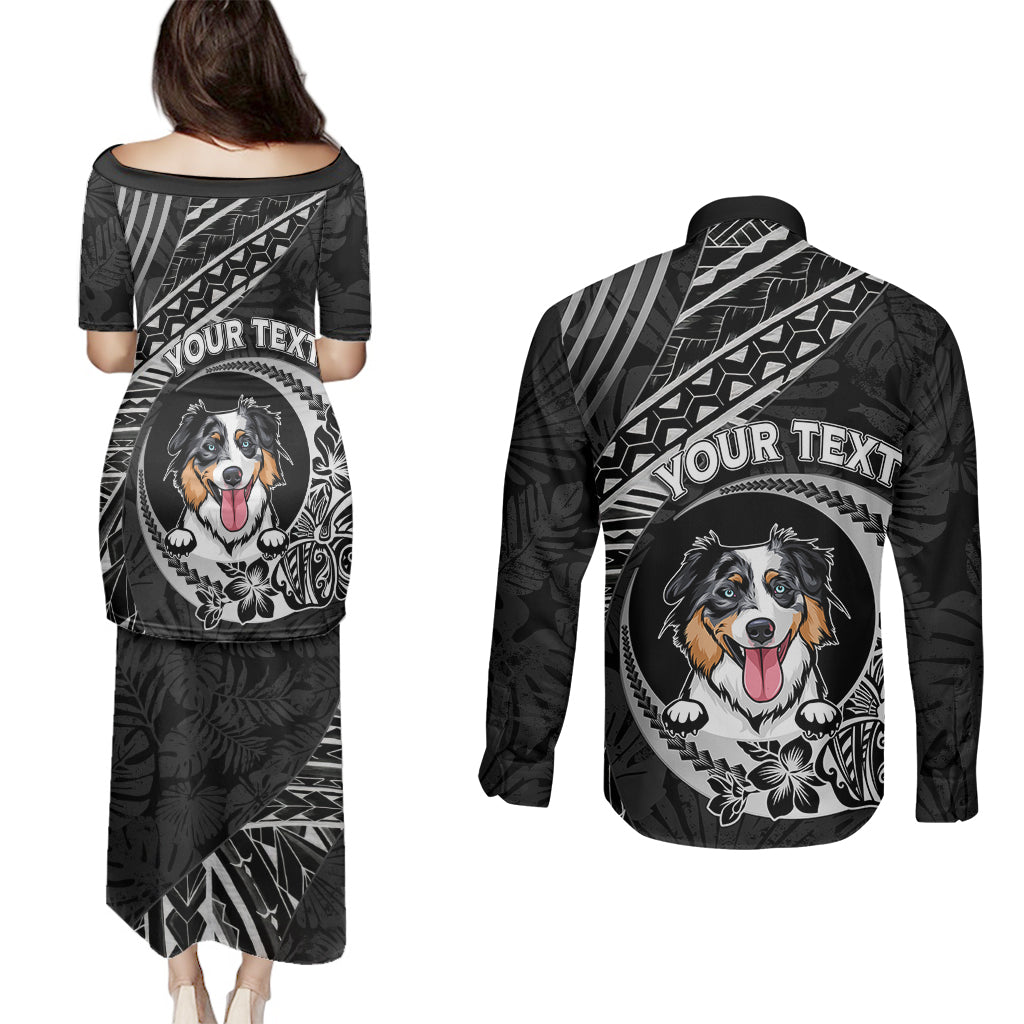 Personalised Polynesian Dog Couples Matching Puletasi Dress and Long Sleeve Button Shirts With Australian Shepherd - Crescent Style LT7 - Wonder Print Shop