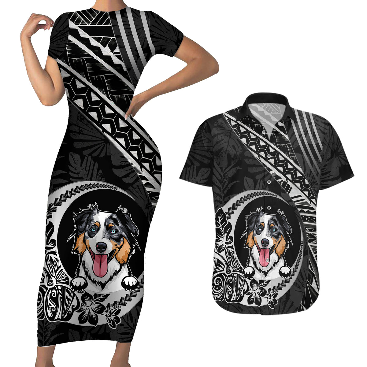 Personalised Polynesian Dog Couples Matching Short Sleeve Bodycon Dress and Hawaiian Shirt With Australian Shepherd - Crescent Style LT7 - Wonder Print Shop