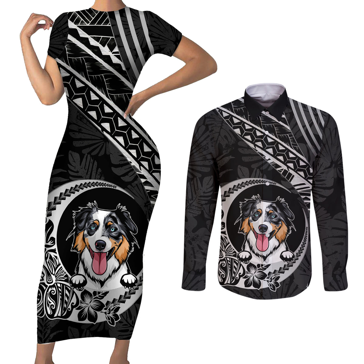 Personalised Polynesian Dog Couples Matching Short Sleeve Bodycon Dress and Long Sleeve Button Shirts With Australian Shepherd - Crescent Style LT7 - Wonder Print Shop