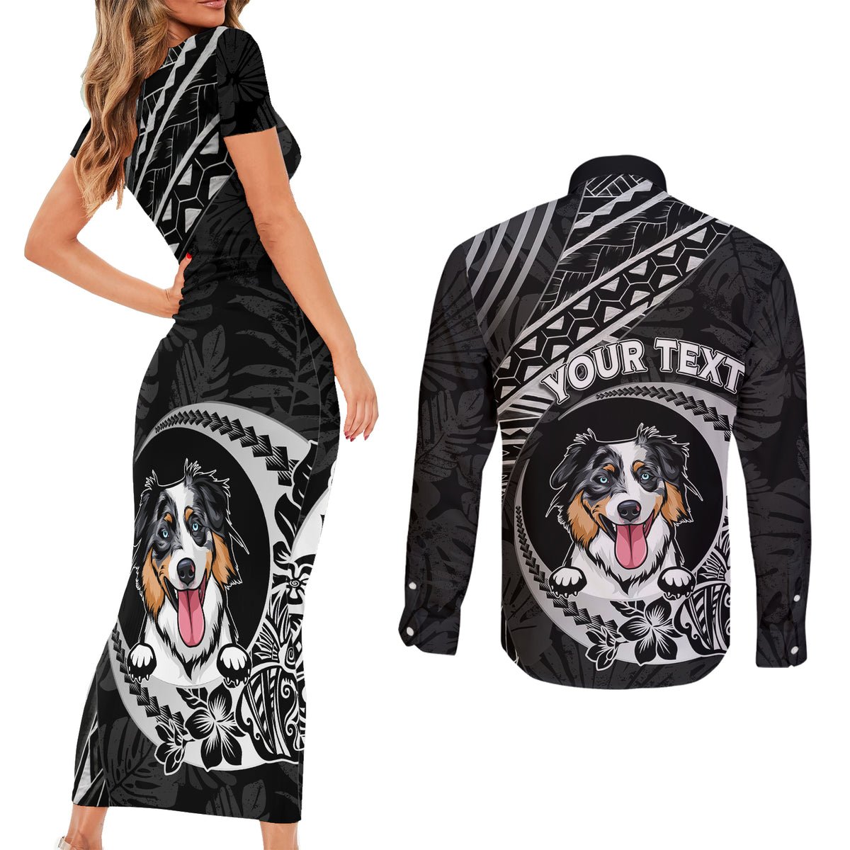 Personalised Polynesian Dog Couples Matching Short Sleeve Bodycon Dress and Long Sleeve Button Shirts With Australian Shepherd - Crescent Style LT7 - Wonder Print Shop