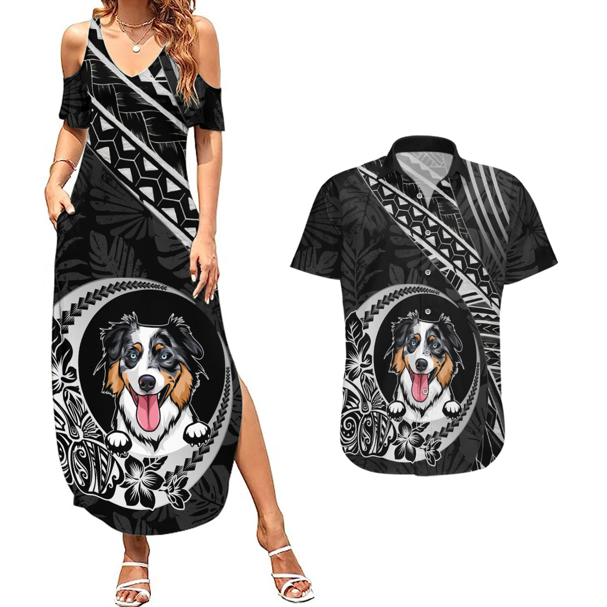Personalised Polynesian Dog Couples Matching Summer Maxi Dress and Hawaiian Shirt With Australian Shepherd - Crescent Style LT7 - Wonder Print Shop