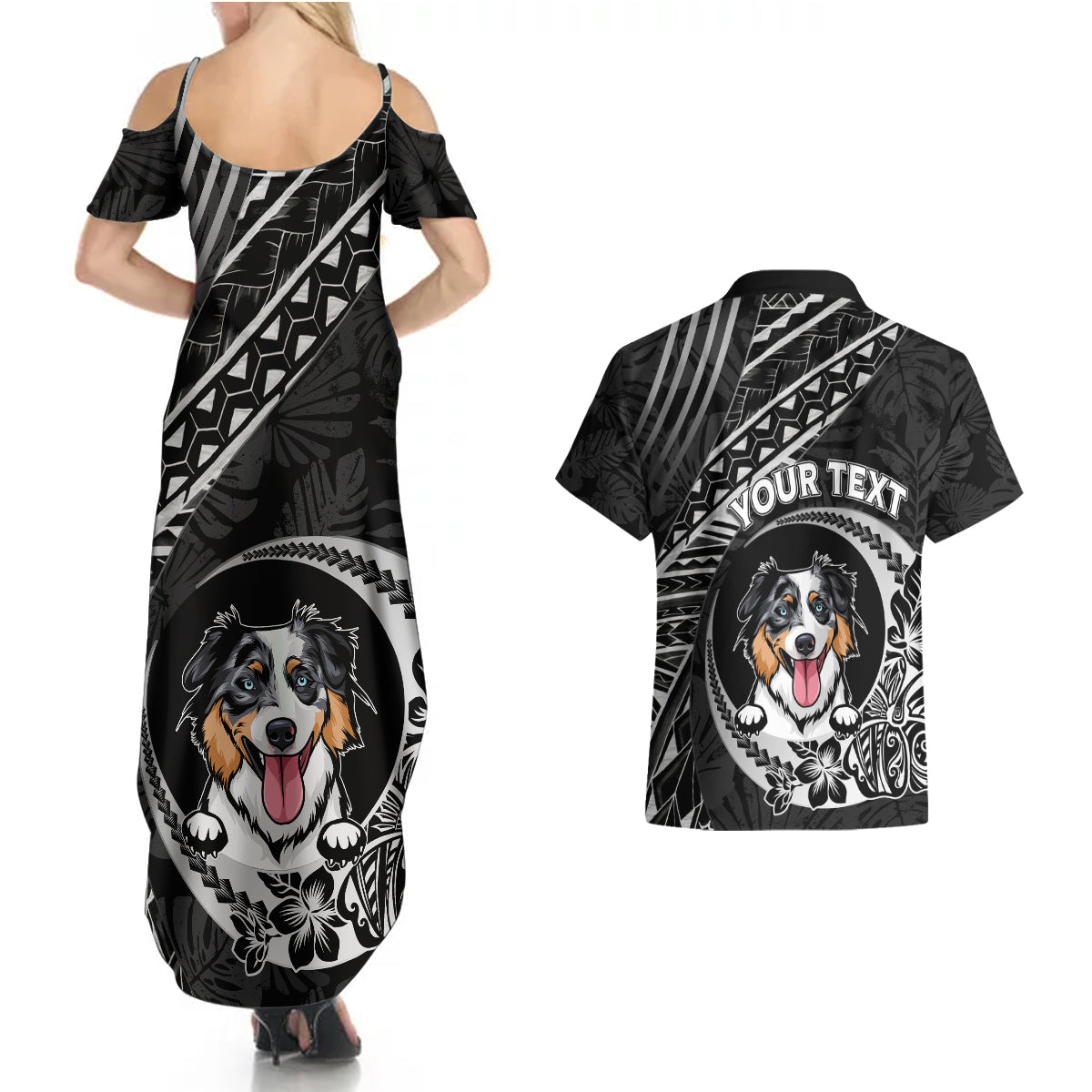 Personalised Polynesian Dog Couples Matching Summer Maxi Dress and Hawaiian Shirt With Australian Shepherd - Crescent Style LT7 - Wonder Print Shop