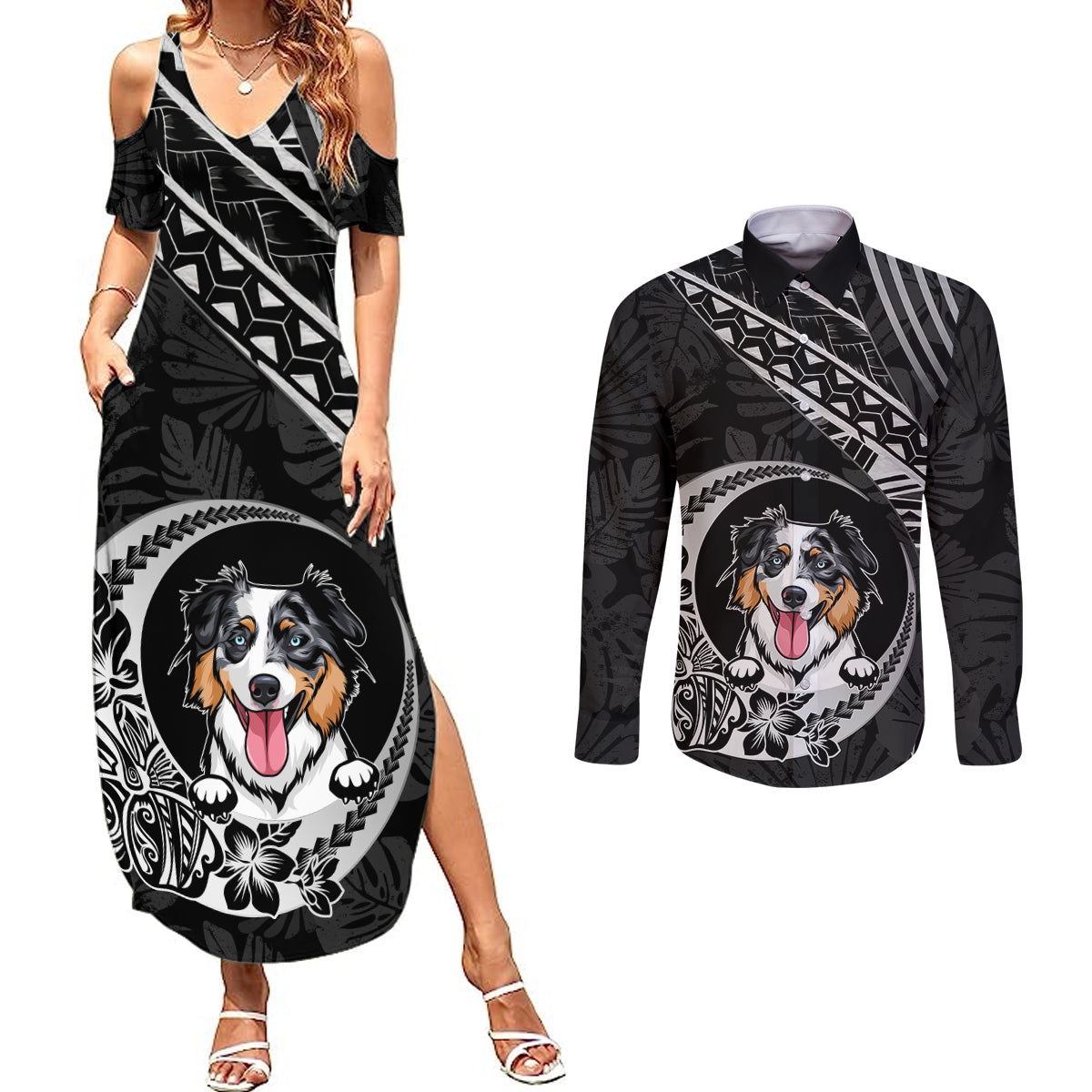 Personalised Polynesian Dog Couples Matching Summer Maxi Dress and Long Sleeve Button Shirts With Australian Shepherd - Crescent Style LT7 - Wonder Print Shop