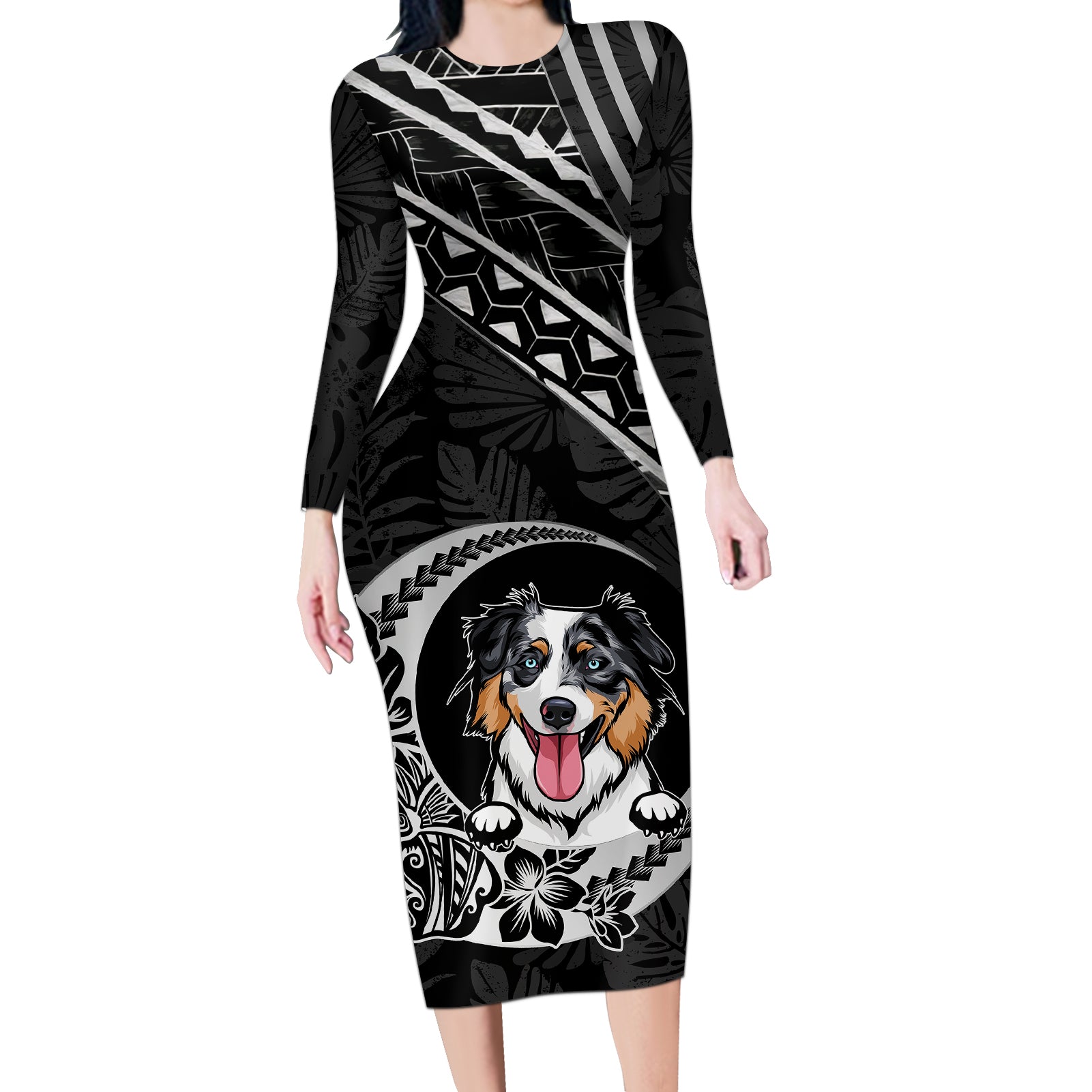 Personalised Polynesian Dog Long Sleeve Bodycon Dress With Australian Shepherd - Crescent Style - Wonder Print Shop