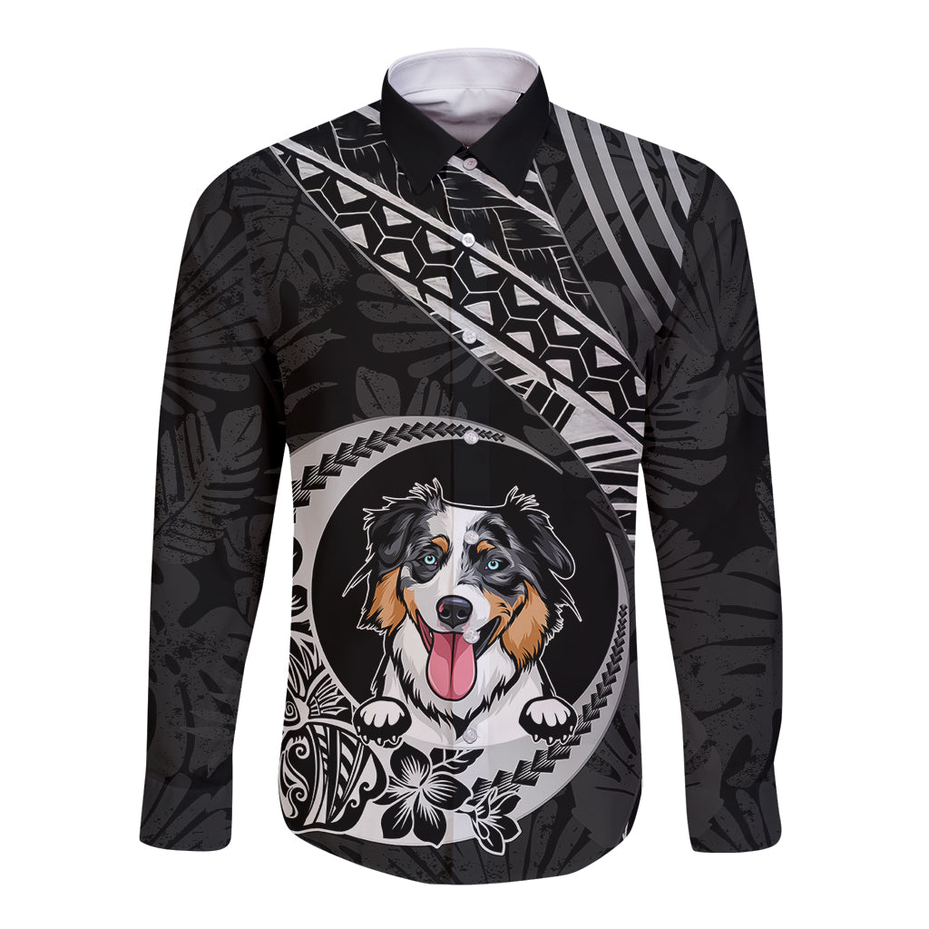 Personalised Polynesian Dog Long Sleeve Button Shirt With Australian Shepherd - Crescent Style - Wonder Print Shop
