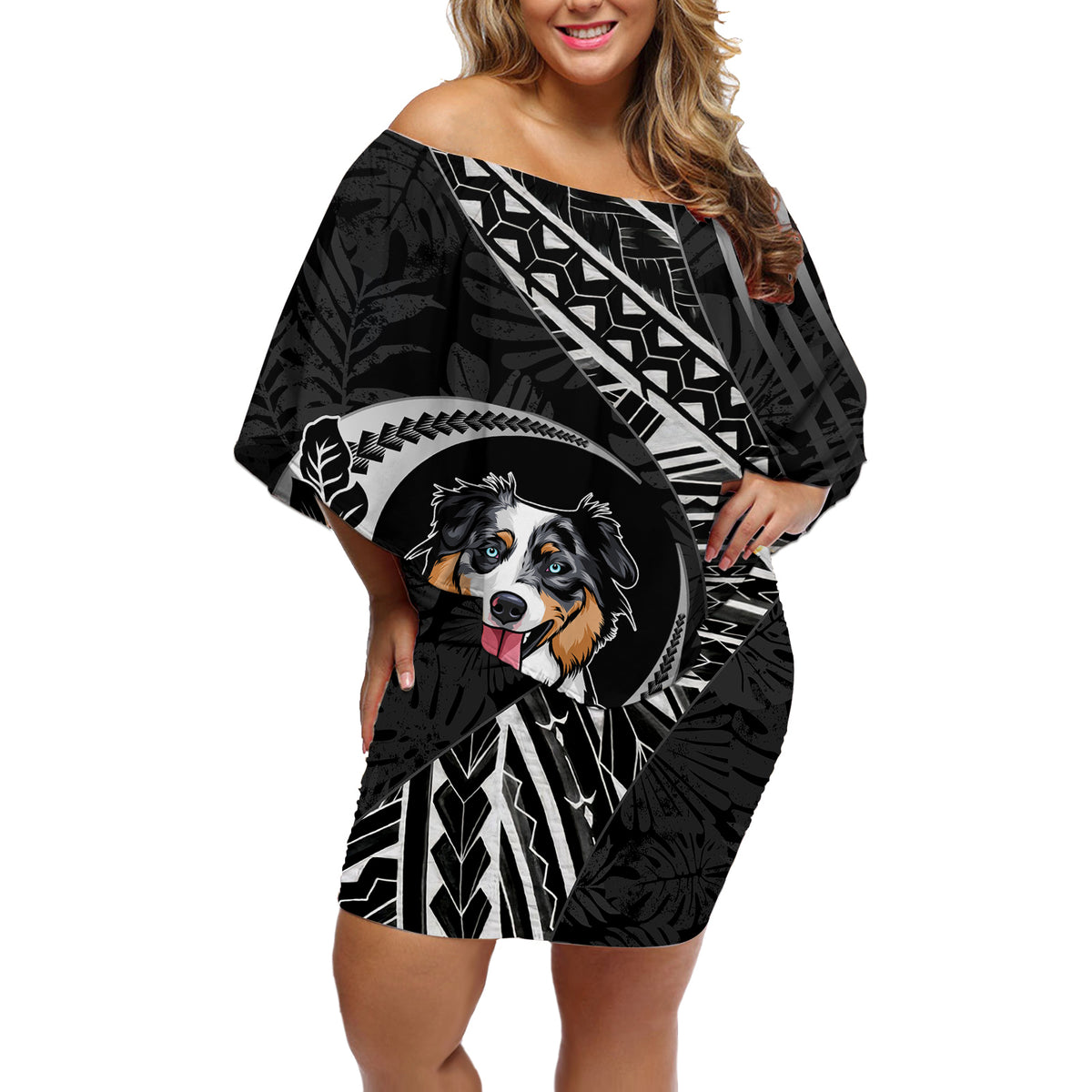 Personalised Polynesian Dog Off Shoulder Short Dress With Australian Shepherd - Crescent Style - Wonder Print Shop