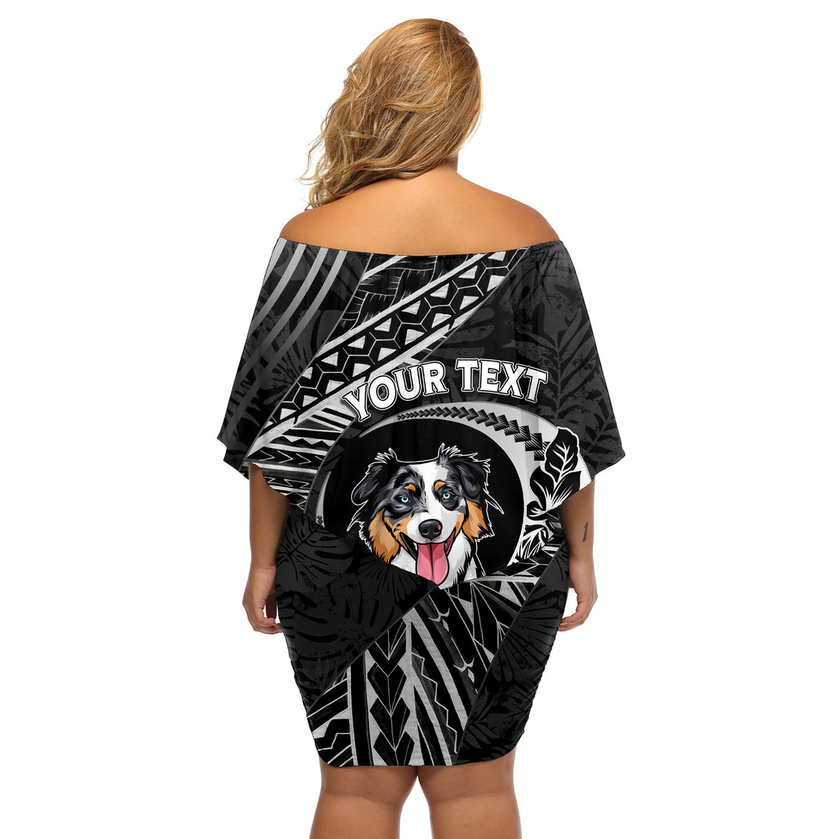 Personalised Polynesian Dog Off Shoulder Short Dress With Australian Shepherd - Crescent Style - Wonder Print Shop