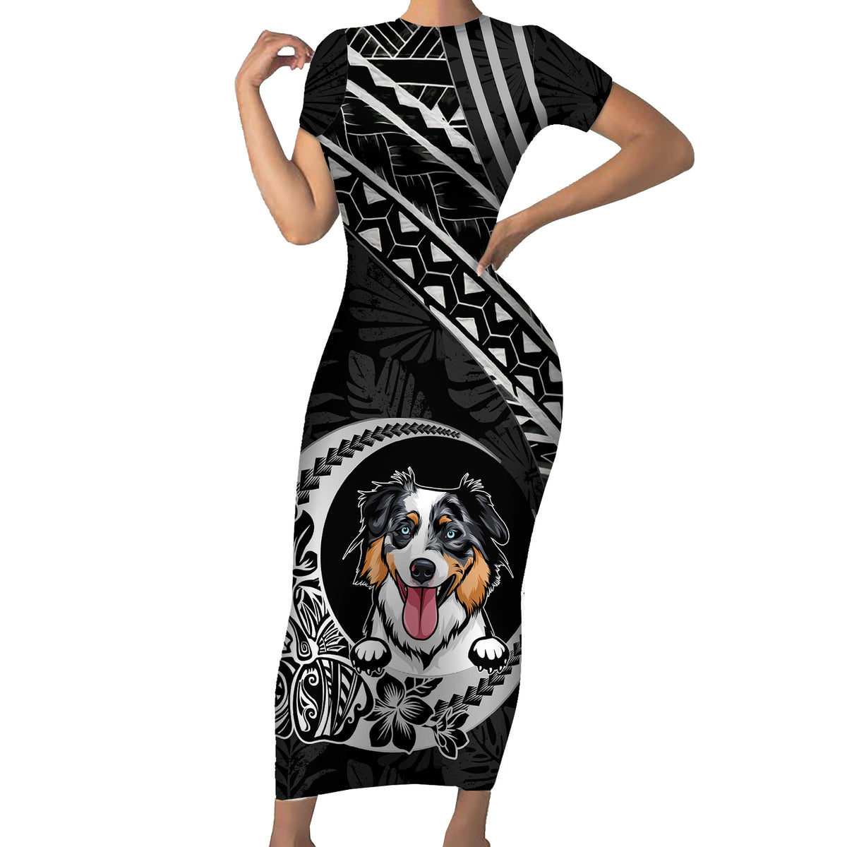 Personalised Polynesian Dog Short Sleeve Bodycon Dress With Australian Shepherd - Crescent Style - Wonder Print Shop