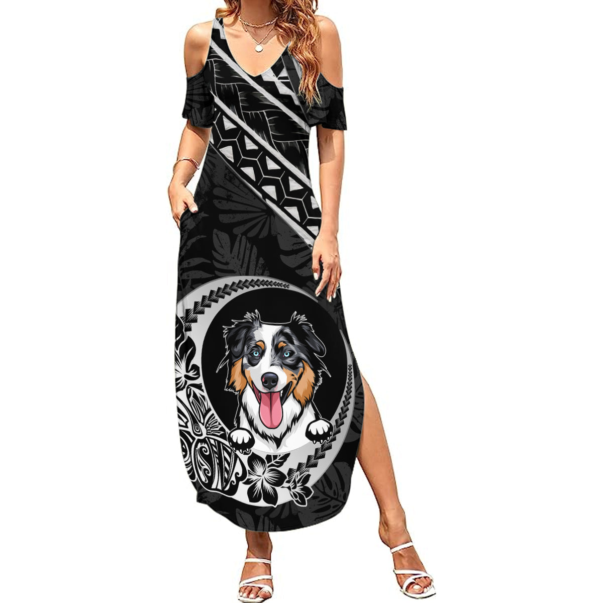Personalised Polynesian Dog Summer Maxi Dress With Australian Shepherd - Crescent Style - Wonder Print Shop