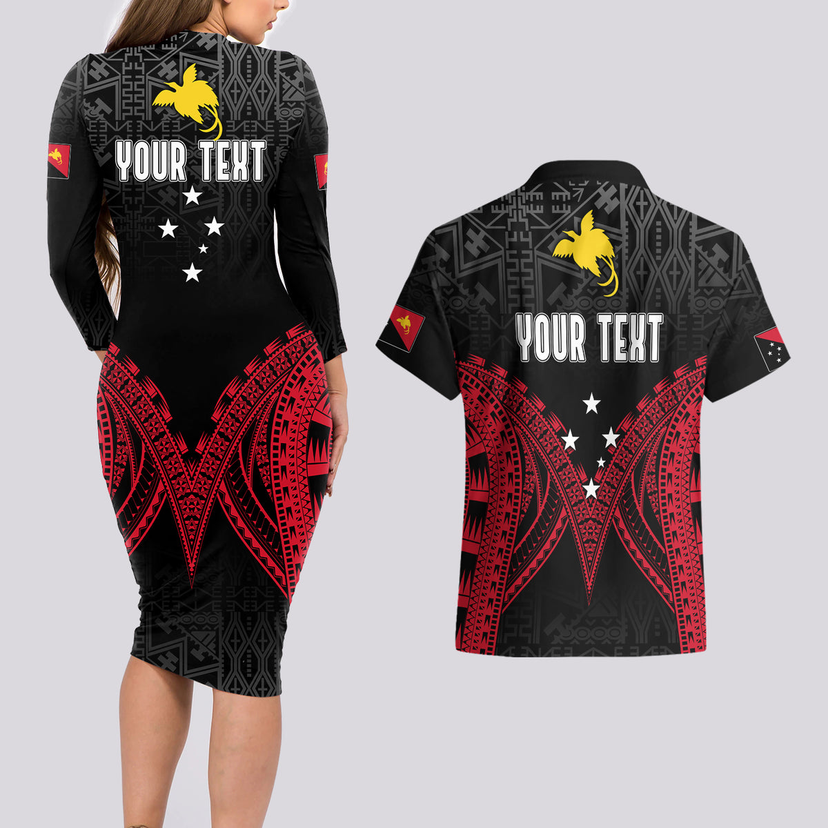 Personalised PNG Couples Matching Long Sleeve Bodycon Dress and Hawaiian Shirt Papua Motuan Mirror Style LT7 - Wonder Print Shop