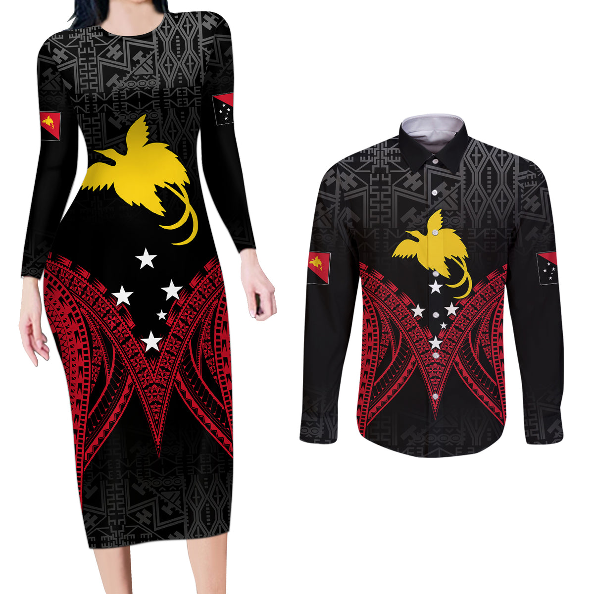 Personalised PNG Couples Matching Long Sleeve Bodycon Dress and Long Sleeve Button Shirts Papua Motuan Mirror Style LT7 - Wonder Print Shop