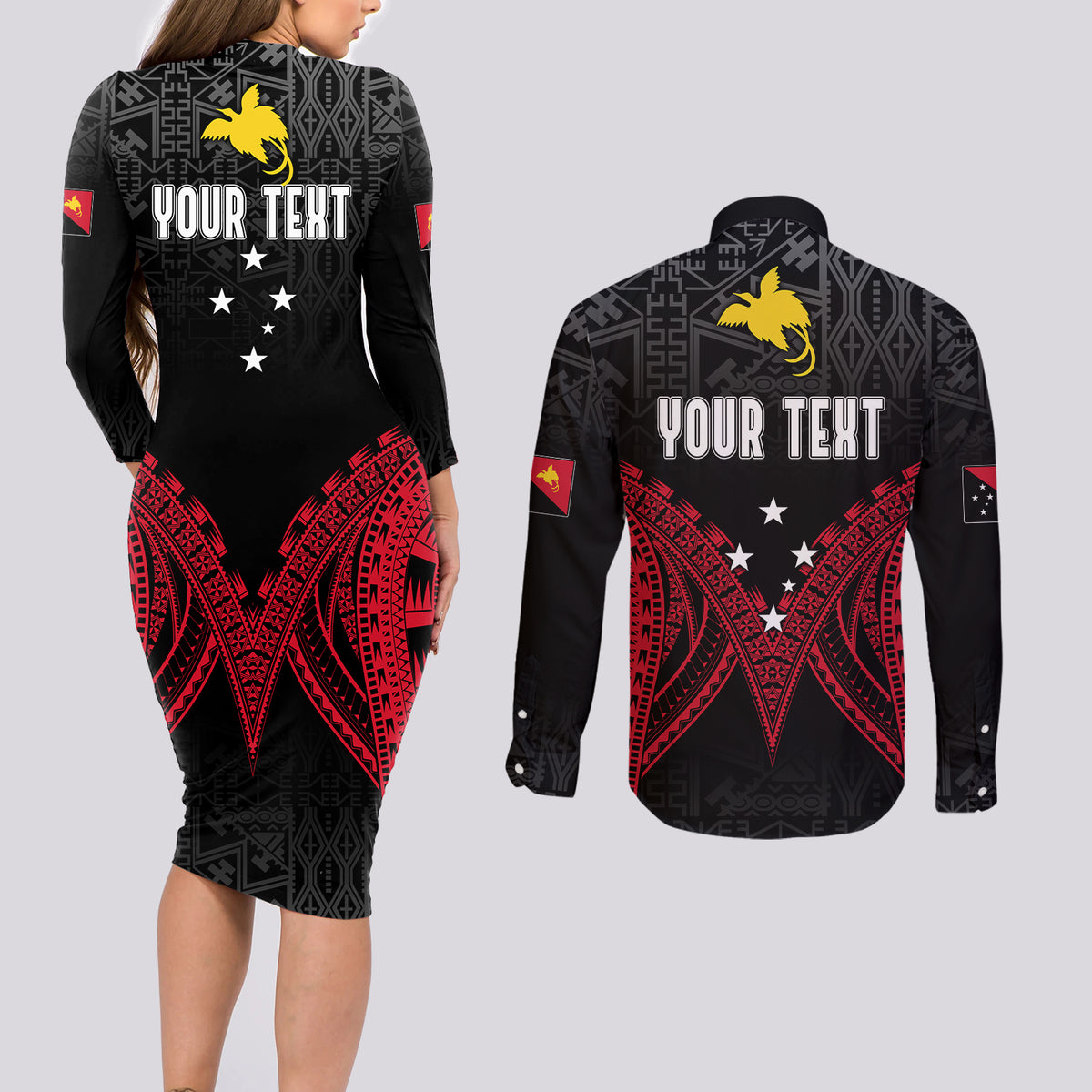 Personalised PNG Couples Matching Long Sleeve Bodycon Dress and Long Sleeve Button Shirts Papua Motuan Mirror Style LT7 - Wonder Print Shop