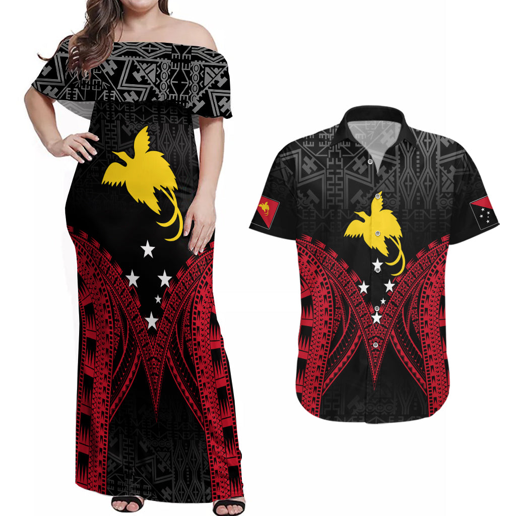 Personalised PNG Couples Matching Off Shoulder Maxi Dress and Hawaiian Shirt Papua Motuan Mirror Style LT7 - Wonder Print Shop