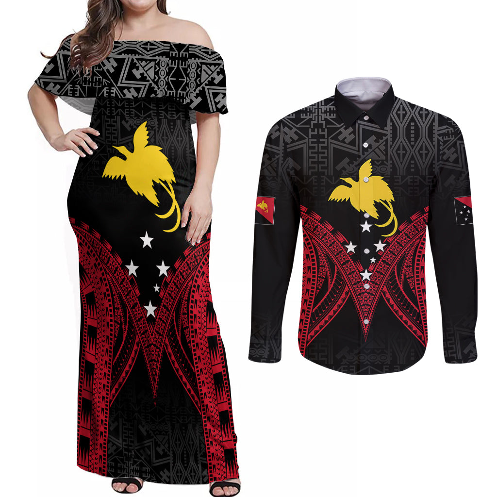Personalised PNG Couples Matching Off Shoulder Maxi Dress and Long Sleeve Button Shirts Papua Motuan Mirror Style LT7 - Wonder Print Shop
