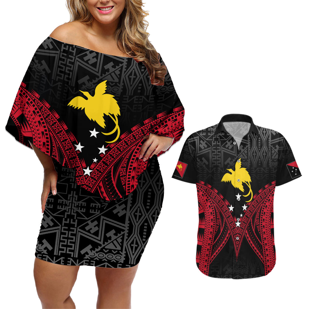 Personalised PNG Couples Matching Off Shoulder Short Dress and Hawaiian Shirt Papua Motuan Mirror Style LT7 - Wonder Print Shop