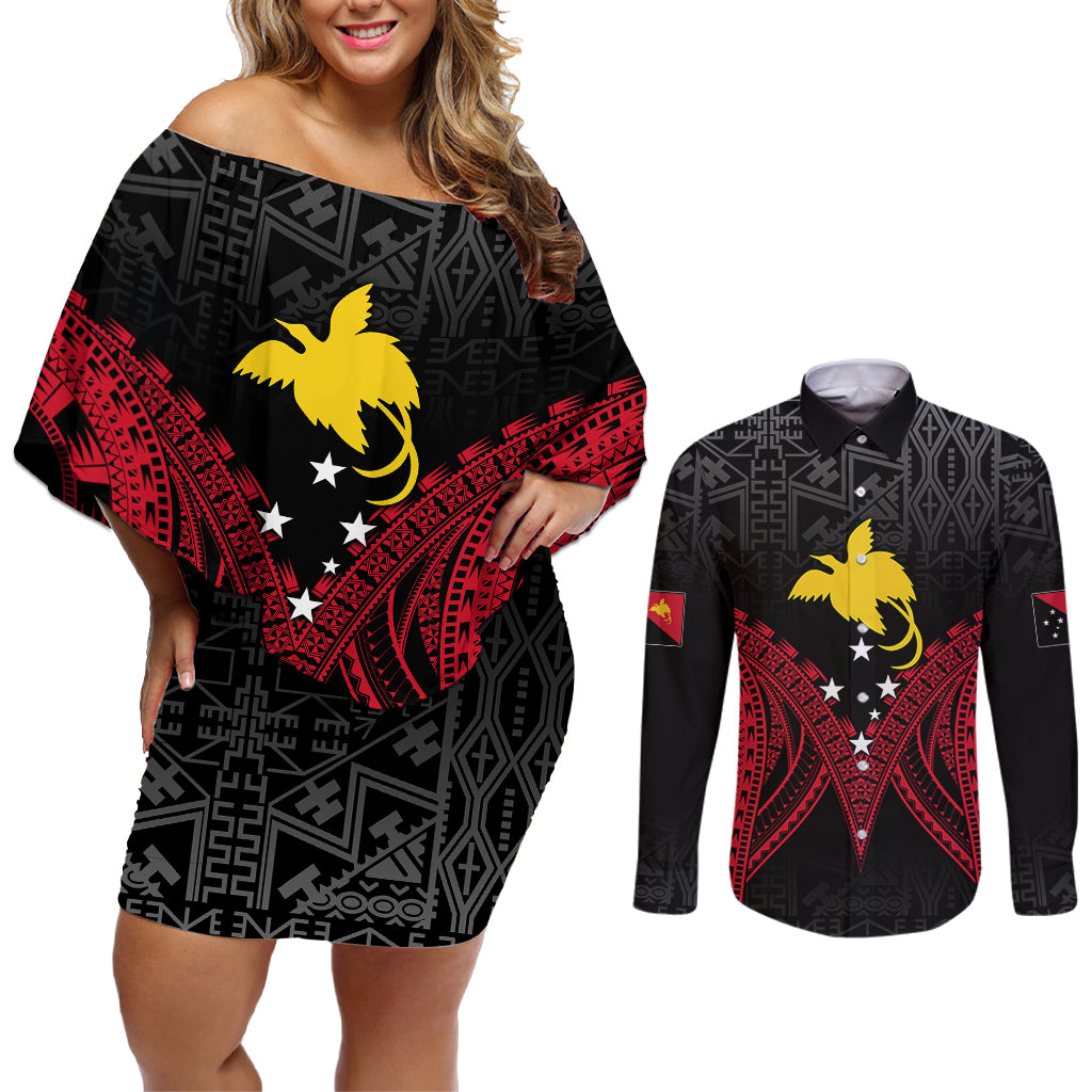 Personalised PNG Couples Matching Off Shoulder Short Dress and Long Sleeve Button Shirts Papua Motuan Mirror Style LT7 - Wonder Print Shop