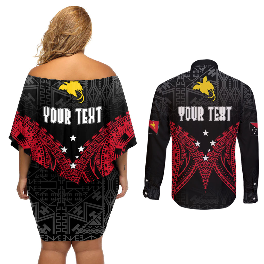 Personalised PNG Couples Matching Off Shoulder Short Dress and Long Sleeve Button Shirts Papua Motuan Mirror Style LT7 - Wonder Print Shop