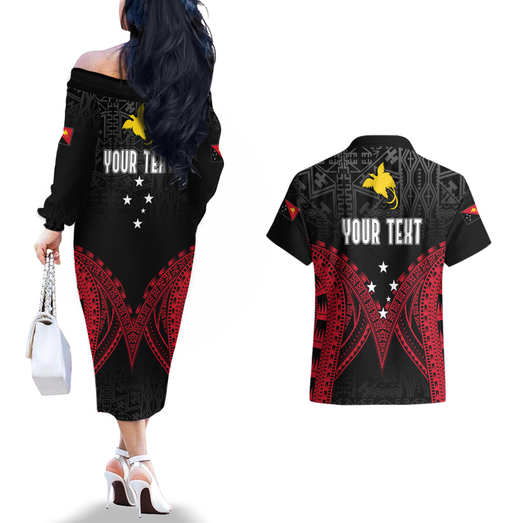 Personalised PNG Couples Matching Off The Shoulder Long Sleeve Dress and Hawaiian Shirt Papua Motuan Mirror Style LT7 - Wonder Print Shop
