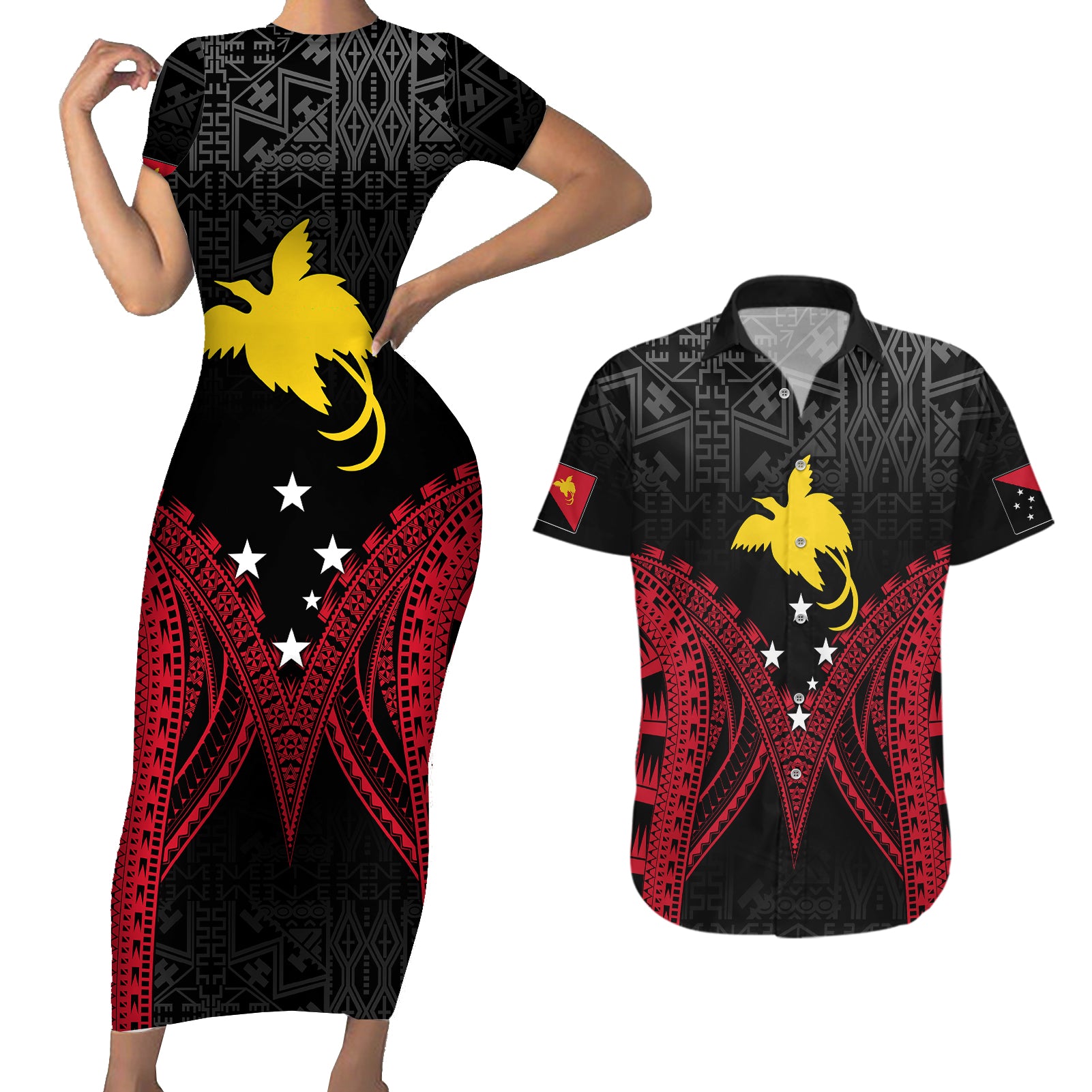 Personalised PNG Couples Matching Short Sleeve Bodycon Dress and Hawaiian Shirt Papua Motuan Mirror Style LT7 - Wonder Print Shop