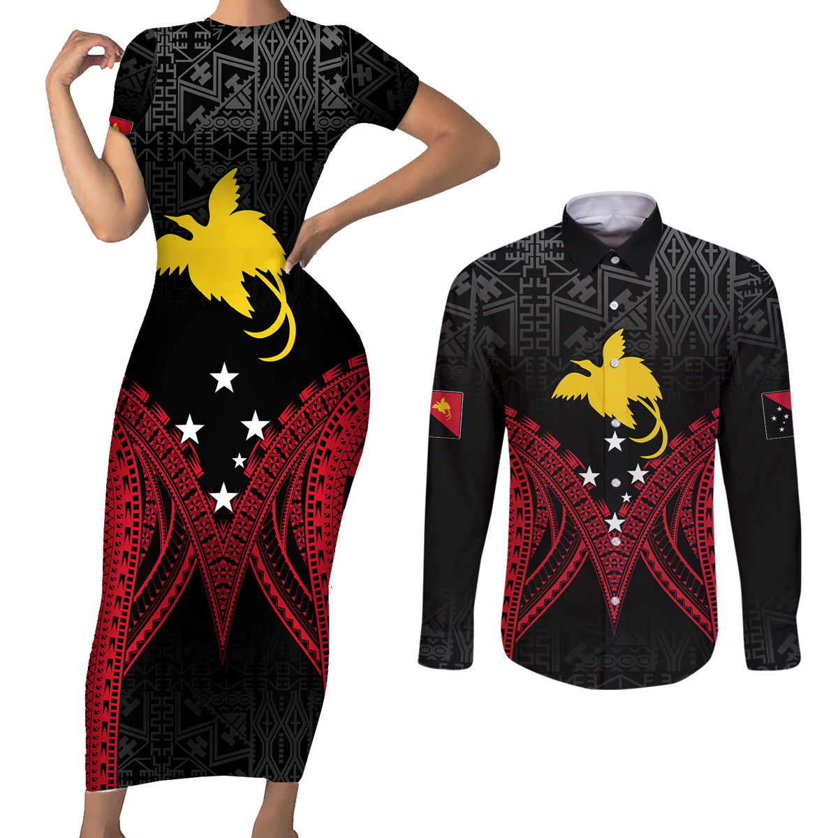 Personalised PNG Couples Matching Short Sleeve Bodycon Dress and Long Sleeve Button Shirts Papua Motuan Mirror Style LT7 - Wonder Print Shop