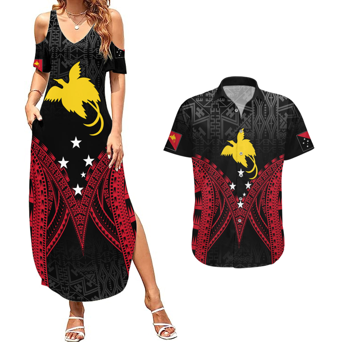 Personalised PNG Couples Matching Summer Maxi Dress and Hawaiian Shirt Papua Motuan Mirror Style LT7 - Wonder Print Shop
