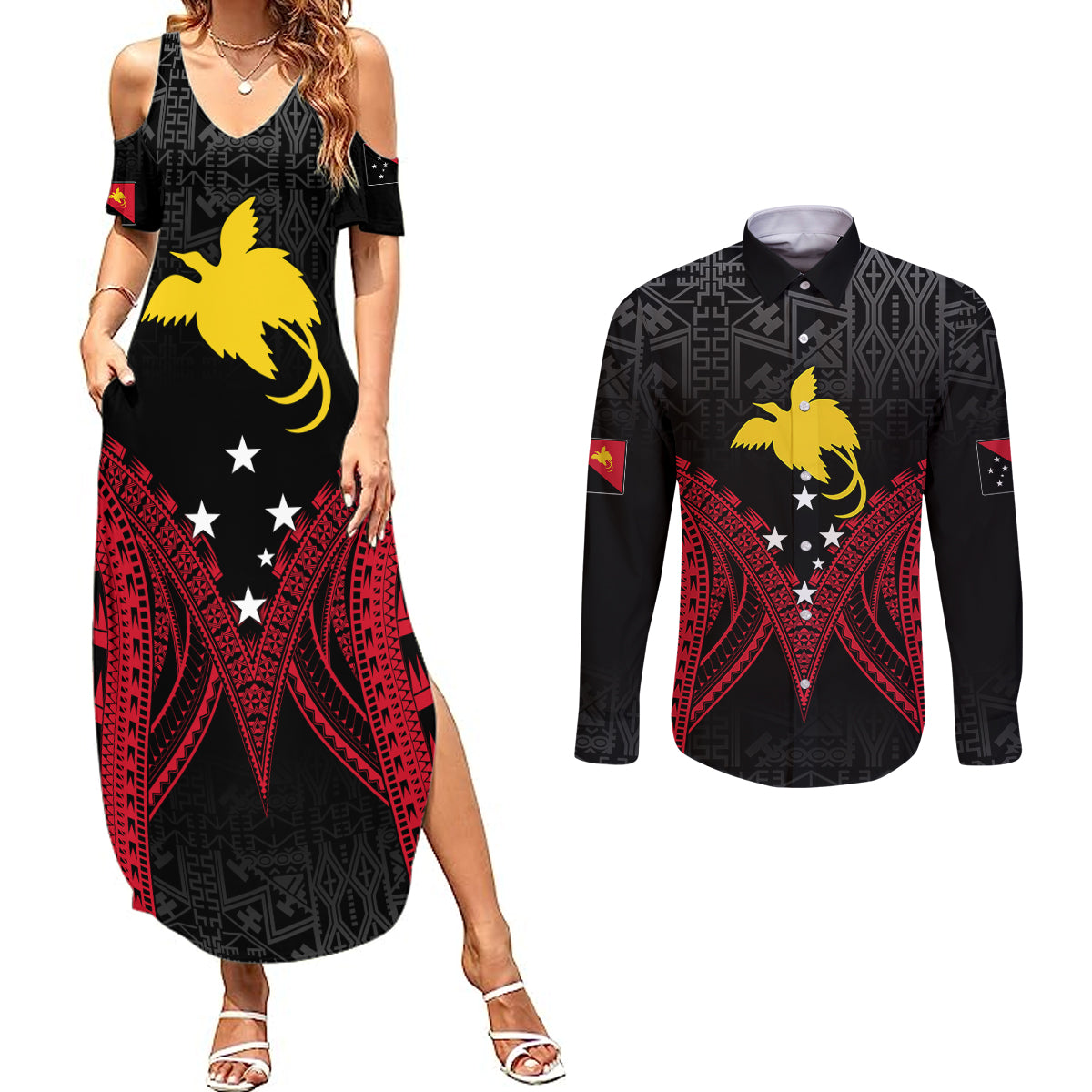 Personalised PNG Couples Matching Summer Maxi Dress and Long Sleeve Button Shirts Papua Motuan Mirror Style LT7 - Wonder Print Shop