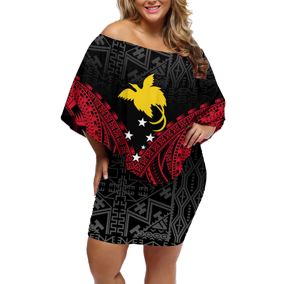 Personalised PNG Off Shoulder Short Dress Papua Motuan Mirror Style - Wonder Print Shop