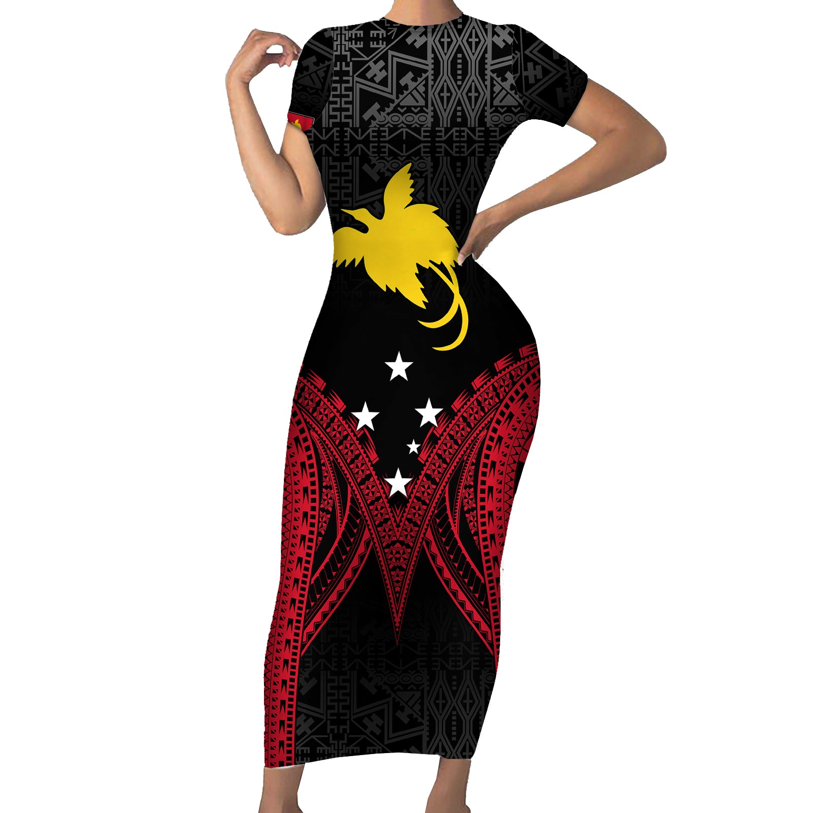 Personalised PNG Short Sleeve Bodycon Dress Papua Motuan Mirror Style - Wonder Print Shop