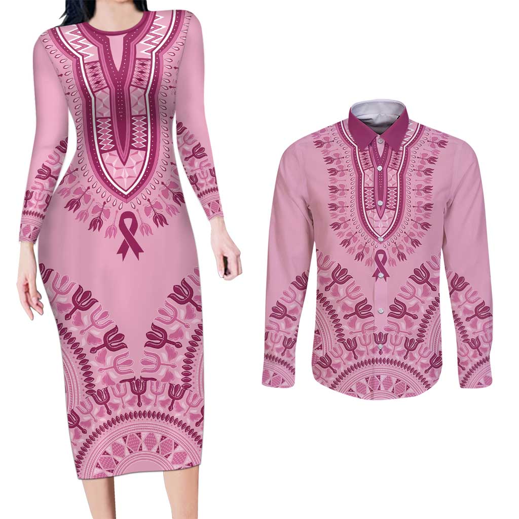 Dashiki Glamorous Pink Couples Matching Long Sleeve Bodycon Dress and Long Sleeve Button Shirt Breast Cancer Awareness - Wonder Print Shop