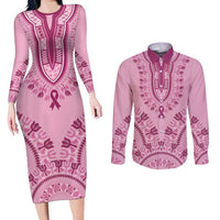 Dashiki Glamorous Pink Couples Matching Long Sleeve Bodycon Dress and Long Sleeve Button Shirt Breast Cancer Awareness - Wonder Print Shop
